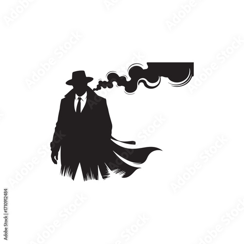 Black silhouette of a man in a trench coat and fedora hat exhaling smoke vector 1