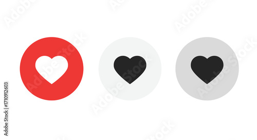 Heart icon set in minimalist style with red, white, and gray backgrounds