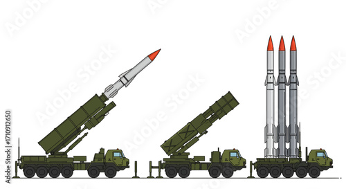 Missile launcher deployment sequence with military vehicles in flat style