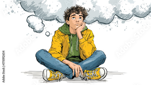 Contemplative Teenage Boy with Cartoon Thought Bubble Sitting Concept