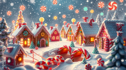 Enchanted Gingerbread Village: Festive Holiday Scene, Whimsical Christmas Town, Sweet Candy Cane Decor