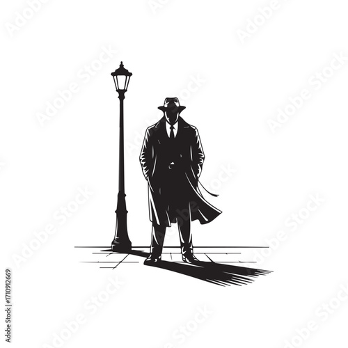 Silhouette of a man in a trench coat and fedora standing by a lamppost on a sidewalk vector 1