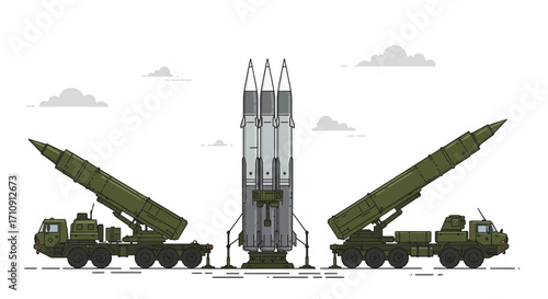 Military missile launch vehicles and rockets in minimal flat design
