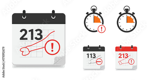 Calendar and stopwatch icons with alert symbols for time management