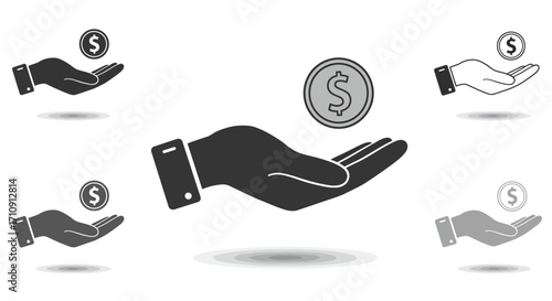 Stylized hands offering money symbols in minimalist design on white background