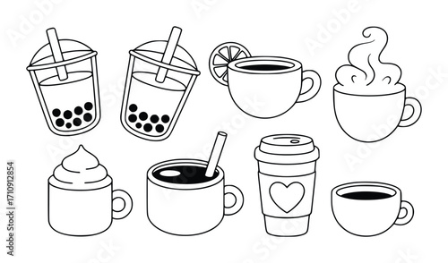 A Collection of Hand-Drawn Beverage Illustrations Coffee, Tea, and Bubble Tea