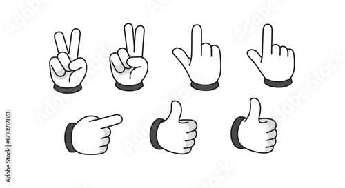 Cartoon hand gesture set featuring peace, thumbs up, and pointing signs
