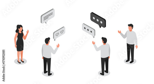 Isometric communication concept with people and chat bubbles in minimalist style
