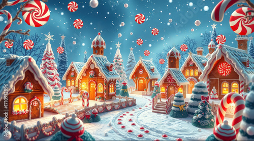Enchanted Gingerbread Village: Festive Holiday Scene with Candy Canes and Snowfall, Whimsical Winter Wonderland merry christmas Illustration