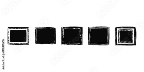 Set of rectangular grunge template backgrounds. Black square shapes with ripped jagged borders on white background. Vector black paint brush spots, Hand drawn Ink brush strokes texture.