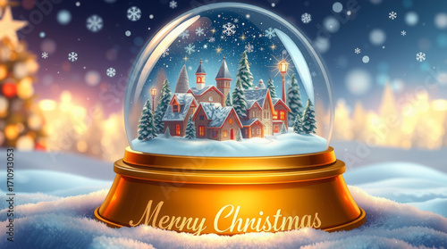 Enchanted Winter Village Snow Globe: Festive Holiday Scene, Warm Golden Base, Sparkling Snowfall