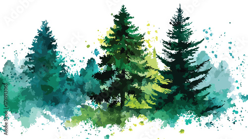 Peaceful Watercolor Painting of Lush Green Pine Trees