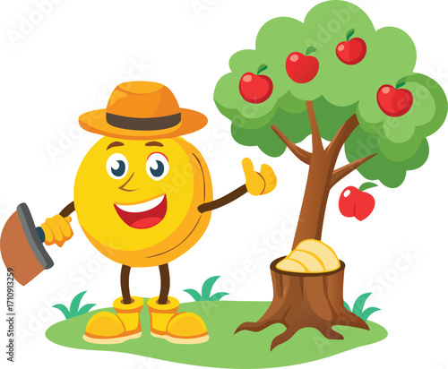 Funny cartoon illustration of a happy farmer boy holding a tree with an apple and a little bird on his head