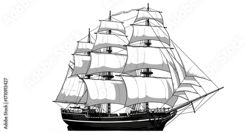 Detailed vintage sailing ship with billowing sails in monochrome