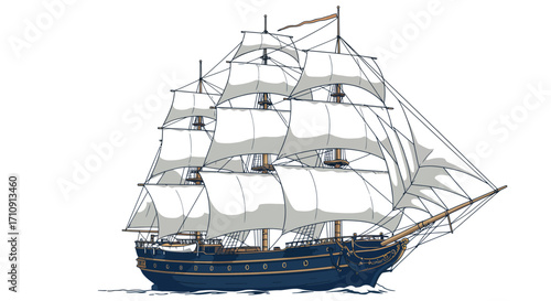 Classic sailing ship with billowing sails on open sea