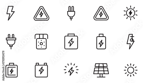 Clean line pack of electricity and voltage icons featuring plug, socket, battery, warning, lightning, storage, power, and energy grid illustrations