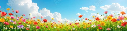 A vibrant single flower meadow bursting with color under a bright summer sky Wildflowers sway gently in the breeze, creating a picturesque scene of natural beauty , colorful, ecology
