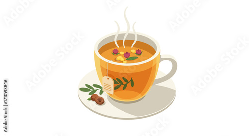 Warm herbal tea cup with steam and blossoms on saucer in flat design