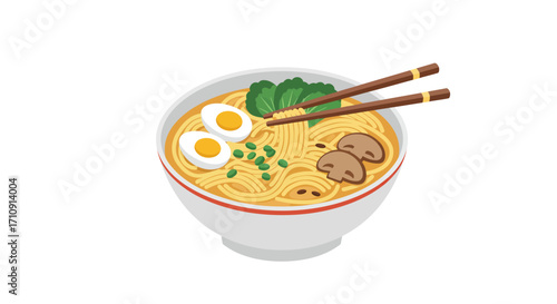 Delicious bowl of japanese ramen with eggs and vegetables in flat design