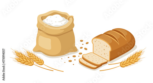Rustic bakery elements: fresh bread and flour in isometric design