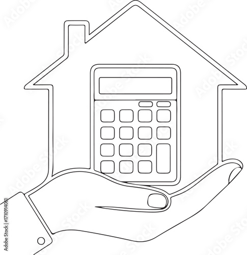 Vector art of hand holding a calculator inside a house outline, symbolizing home finance and budgeting