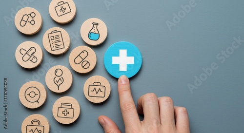 Medical icons and a hand highlighting the plus sign, symbolizing healthcare and wellness services, medical care, and health insurance options