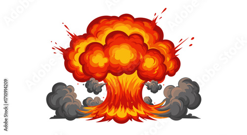 Explosive cartoon burst with fiery cloud and smoky effects
