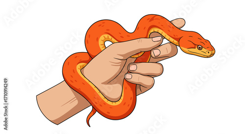 Hand holding orange snake: detailed cartoon style reptile image