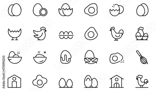 Clean line pack of poultry and egg farming icons featuring eggs, chicken, rooster, barn, carton, nest, and organic farm produce illustrations
