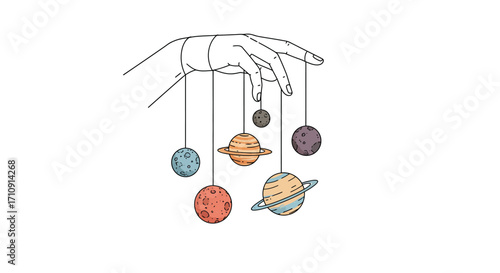 Hand holding planet mobile in minimalistic line art style
