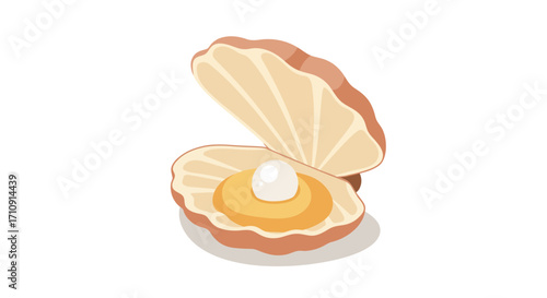 Open clam shell with pearl on white background in flat design style