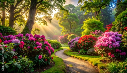 A sunlit garden path winds through vibrant flowerbeds bursting with colorful rhododendrons, bathed in the golden light of dawn.