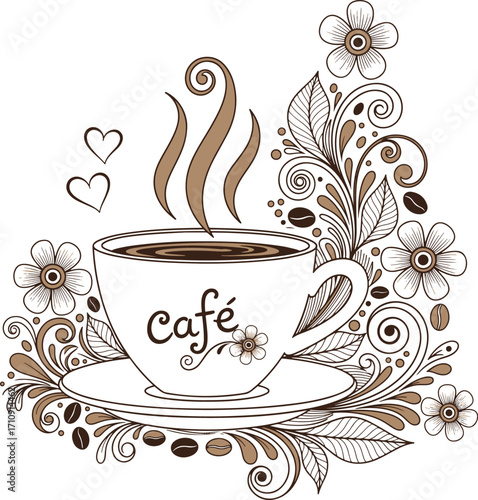 Elegant black and white illustration of a tea ceremony with floral accents and steaming cup