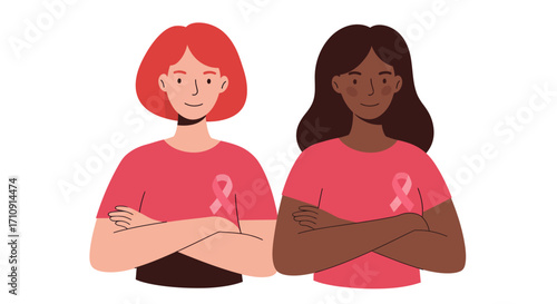 Empowered women with breast cancer awareness ribbon in flat design