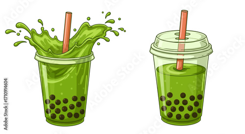 Green bubble tea splash with tapioca pearls in cartoon style