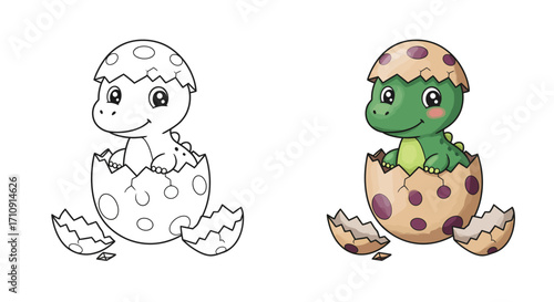 Cute dinosaur hatching from egg: color and outline versions