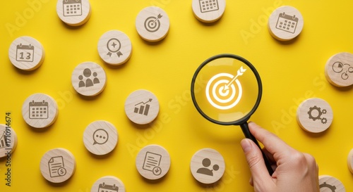 Concept of setting goals and achieving targets with a magnifying glass focusing on a bullseye in a business context