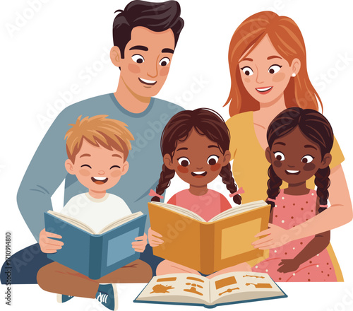 Happy family reading together, diverse parents and children bonding, educational activity at home, joyful learning, multicultural love, literacy, parenting, togetherness