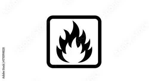 Bold black flame icon in square border for fire safety signs