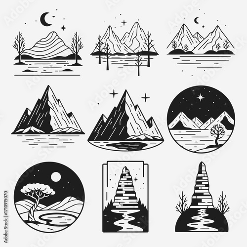 Vector art of collection of mountain landscape with moon and star, offering a serene and picturesque view of nature