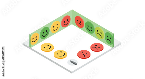 Isometric emotional faces in 3d room with reflections for mood concept