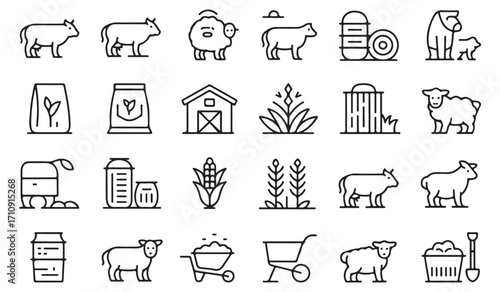 Clean line pack of rural farming and livestock symbols featuring cow, sheep, barn, silo, wheat, crops, milk, wheelbarrow, and cultivation tools icons