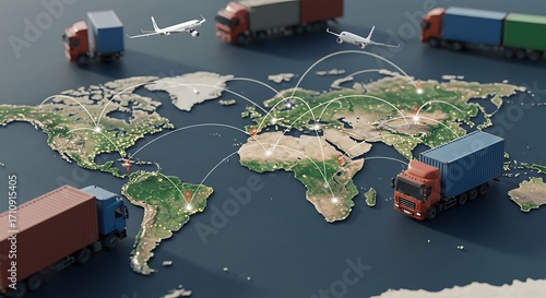 Global logistics network connects continents with trucks and airplanes, enabling worldwide trade and transport solutions.