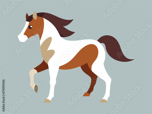 Stylized Pinto Horse Illustration with Brown and White Markings on Gray Background