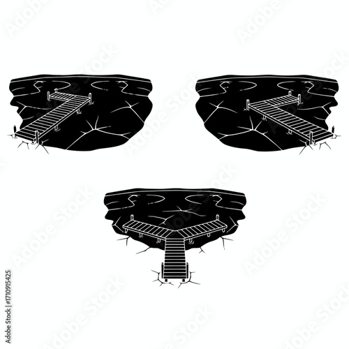 Vector art of three different lake view with wooden pier a simple black and white vector illustration of a lake view