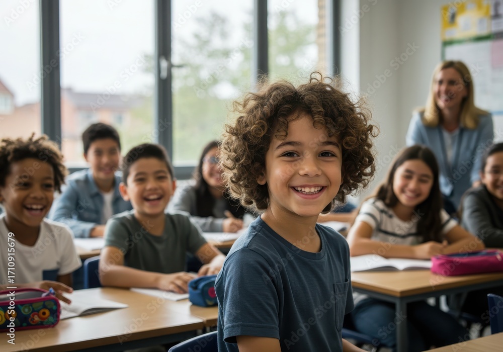 Obraz premium Diverse Elementary School Classroom Cheerful african black kids, children, and youth as students learning and studying an academic lesson together.