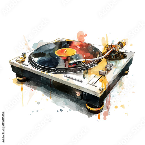 DJ Turntable in watercolor style, vector illustration, isolated on white background.