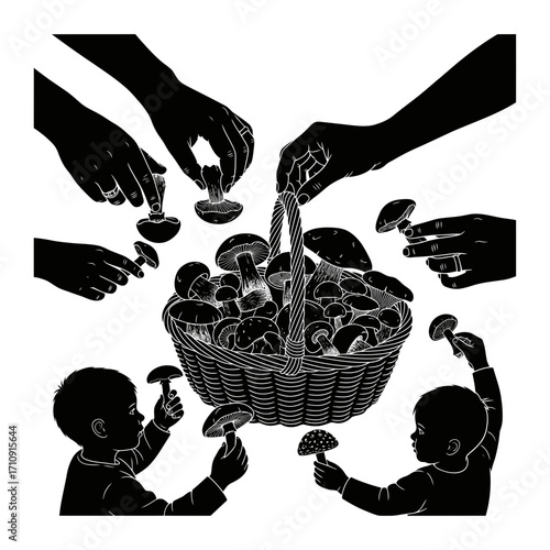 Vector art of hands picking mushrooms and placing them in a basket, with children helping
