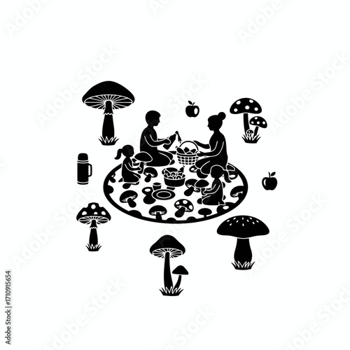 Vector art of a family enjoys a mushroom picnic in the forest, sitting on a blanket surrounded by edible fungi