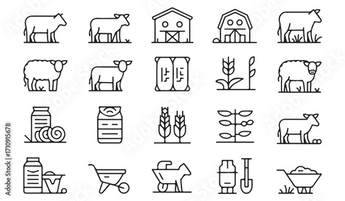 Minimal farming and livestock line icons set with cow, sheep, barn, silo, wheat, crops, milk, wheelbarrow, shovel, and rural agriculture symbols